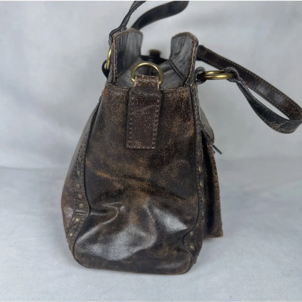 Frye Victoria Studded Leather Satchel Distressed Brown Medium Bag Boho - Picture 7 of 16